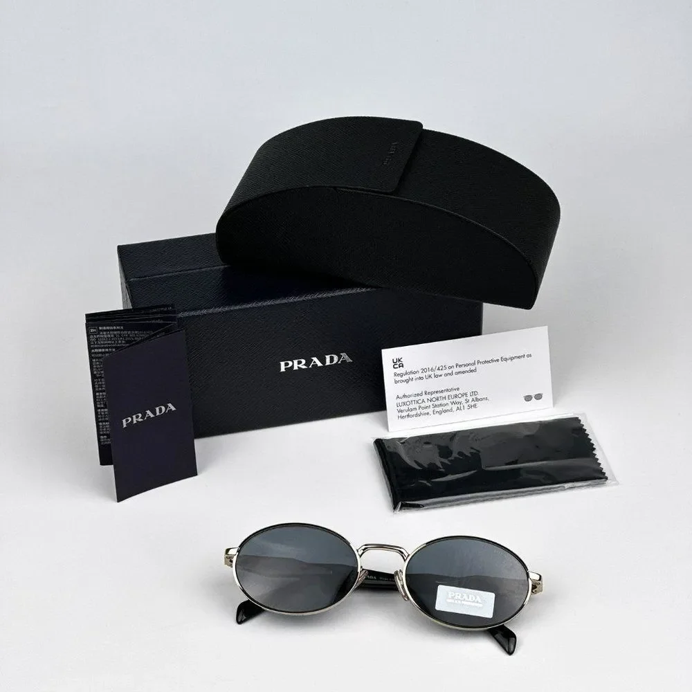 NEW Prada PR65ZS ZVN09T Pale Gold Dark Grey Oval Metal Unisex Sunglasses